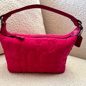Coach Y2K Hot Pink Signature C Embroidered Nylon Puffer Clutch/Shoulder Bag